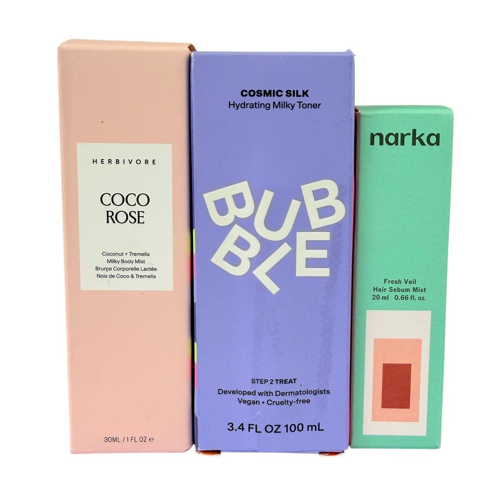 3pc Beauty Bundle Bubble Cosmic Silk Toner Herbivore Coco Rose Narka Hair Mist